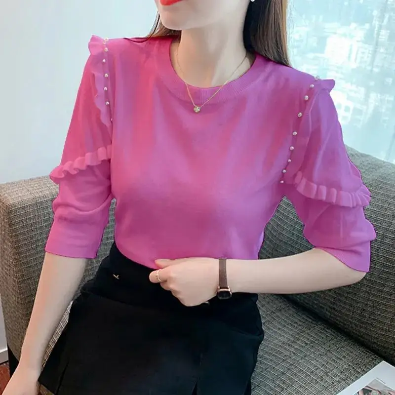 

Свитер из ледяного шелка со средним рукавом, футболка для женщин, весна-лето, новый стиль, свободная утягивающая полая маленькая рубашка с бисером для женщин, модная