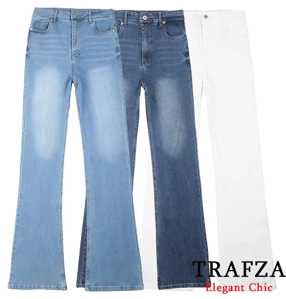 

TRAFZA-Women Casual High Waist Flared Pants White Jeans 2025 New Spring Fashion High Street Simple Versatile Denim Pant