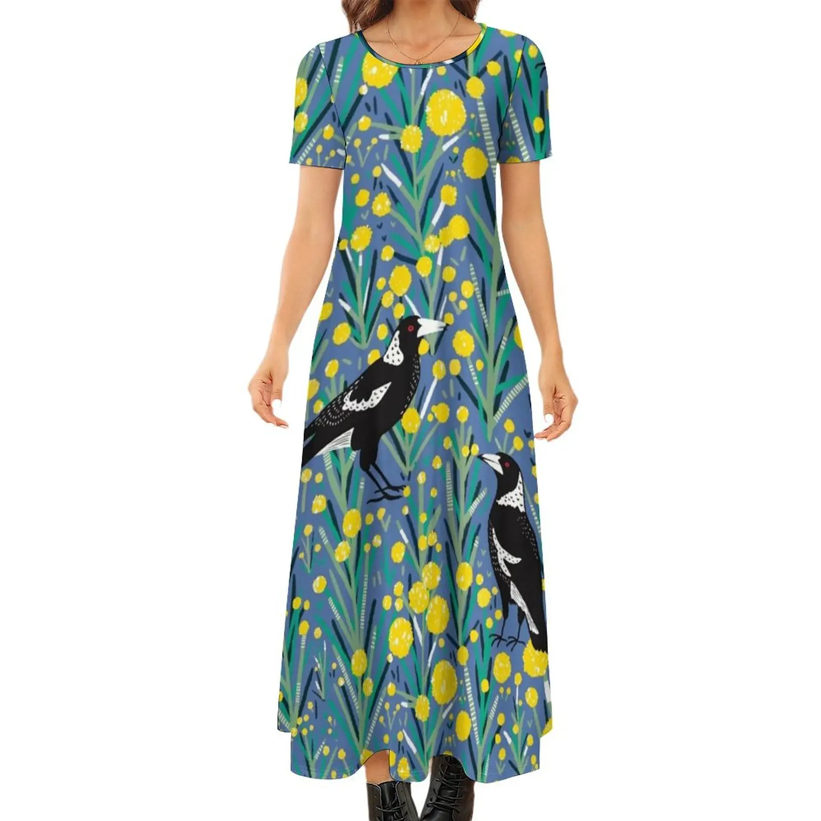 

Australian Magpie in wattle garden Round Neck Short Sleeve Dress women"s evening dresses party dress women elegant luxury