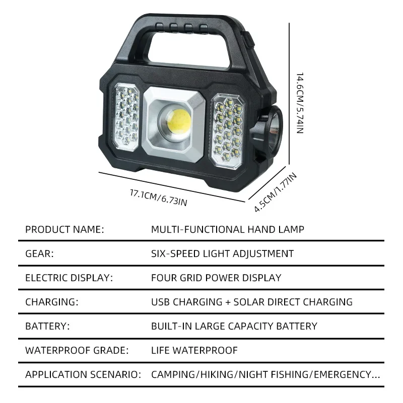 High Power Led Flashlights Rechargeable Camping Work Light Multi Functional Portable Light Solar Charging 6 Lighting Modes ﻿