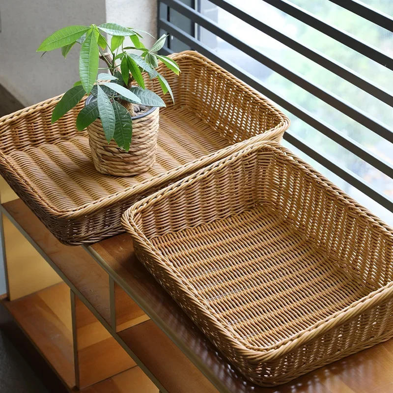 Rectangular Rattan Serving Tray Wicker Woven Basket Bathroom Tray Woven Bread Baskets With Handles Storage Basket For Parties