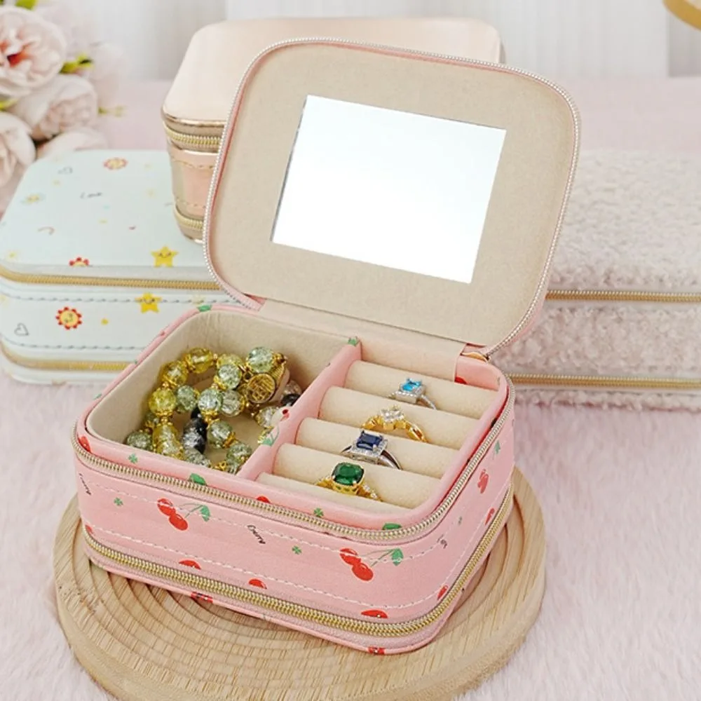 

Cherry Flower Jewelry Packing Bag Rings Necklace PU Leather Jewelry Display Box Organizer Large Capacity Earrings Storage Case
