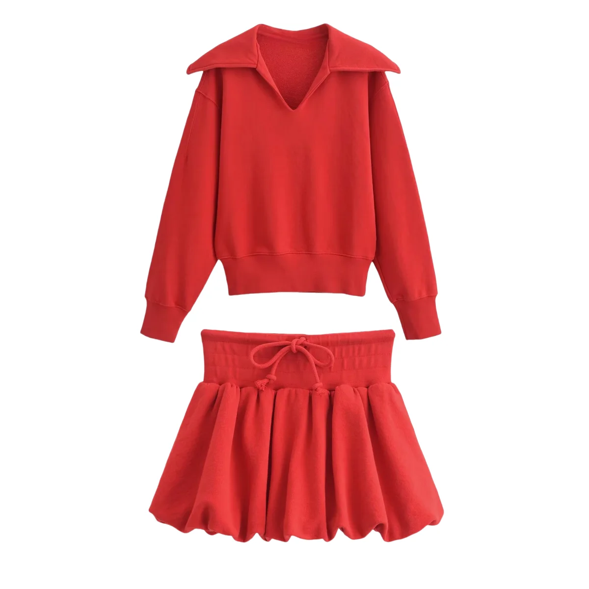 

BM&MD&ZA Womens V Neck Large Collar Sweatshirt and Mini Lantern Skirt Set Stylish Drawstring Waist Design Ladies Fashion Outfit