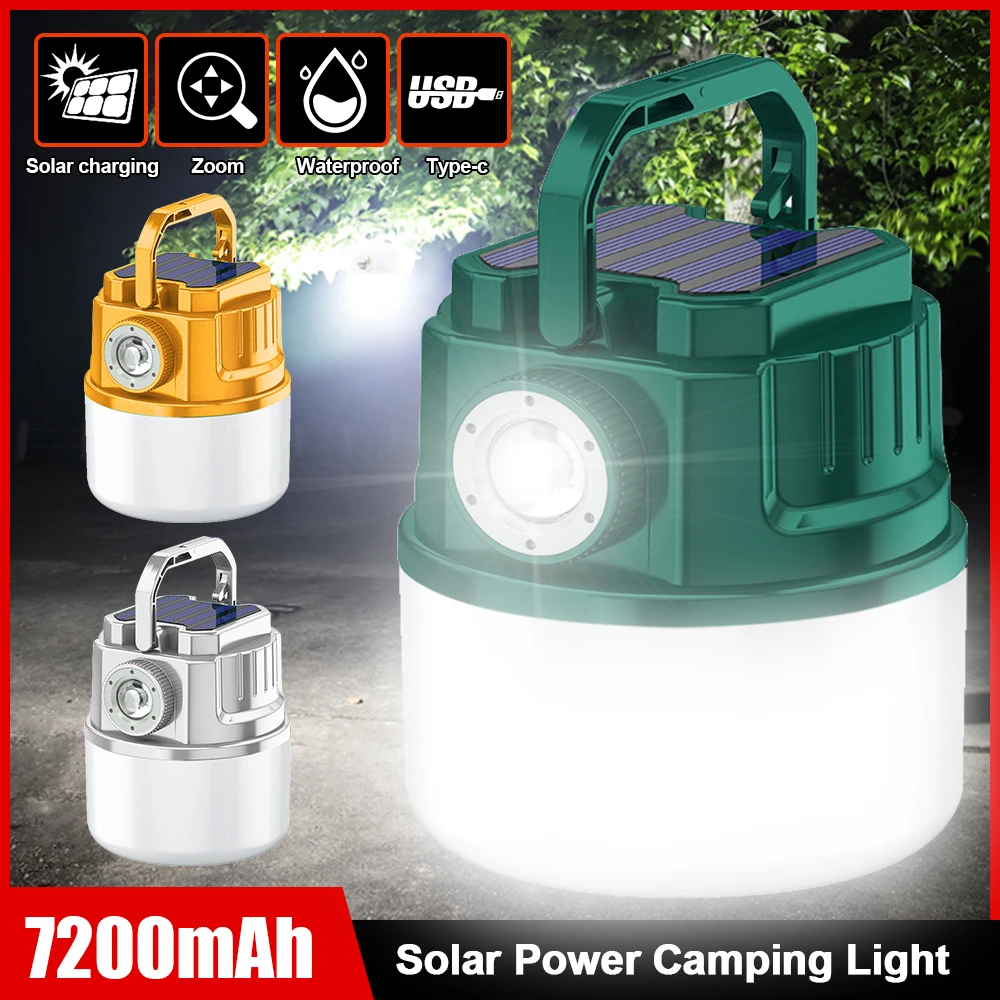 Portable 7200mAh Solar Power Camping Light Outdoor Hanging Tent Lamp Zoom USB Charging Emergency Lights for Fishing Hiking BBQ