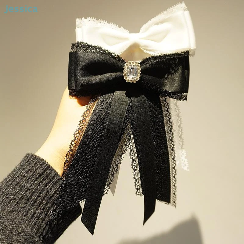 ♥ الكورية نمط أنيق الشريط ربطة القوس فيونكة بروش النسيج الدانتيل حجر الراين ربطة العنق قميص طوق دبابيس ودبابيس اكسسوارات نسائية #3