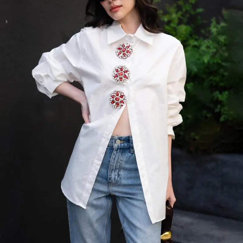 

Women's Shirt Loose Solid Color Diamonds Buttons Long Sleeve Female Causal Thin Blouse Spring 2025 New Fashion Top