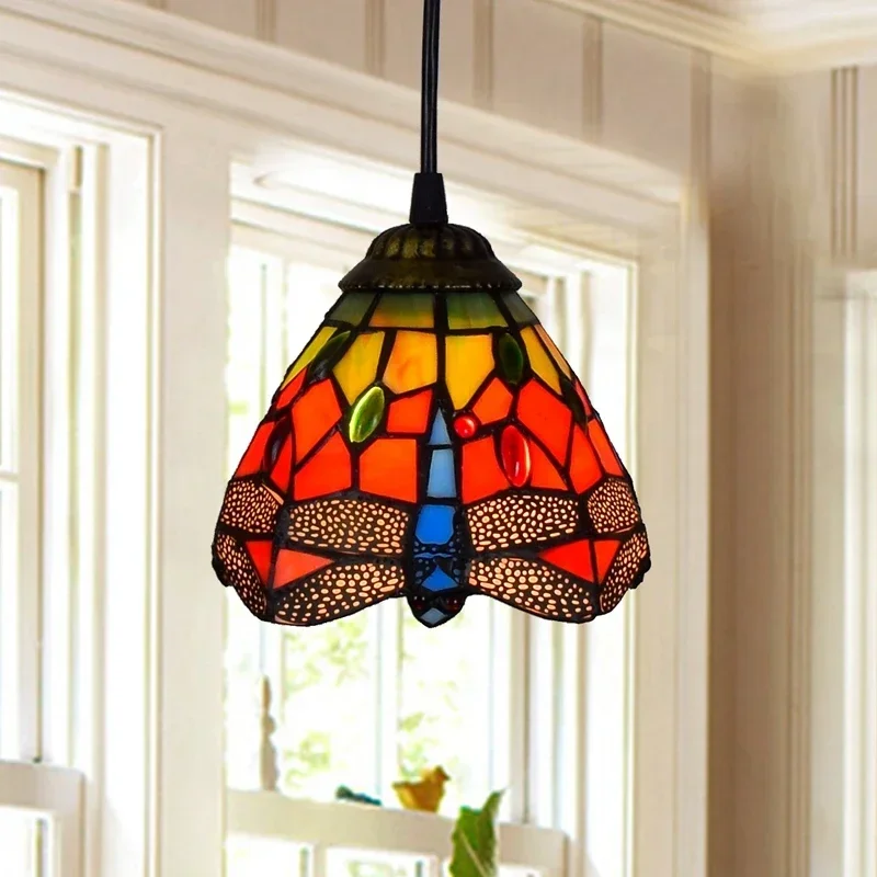 6 Inches Red National Style Dragonfly Restaurant Small Bar Bedroom Bedside Pendent Lamp Tiffany Color Glass Corridor Light