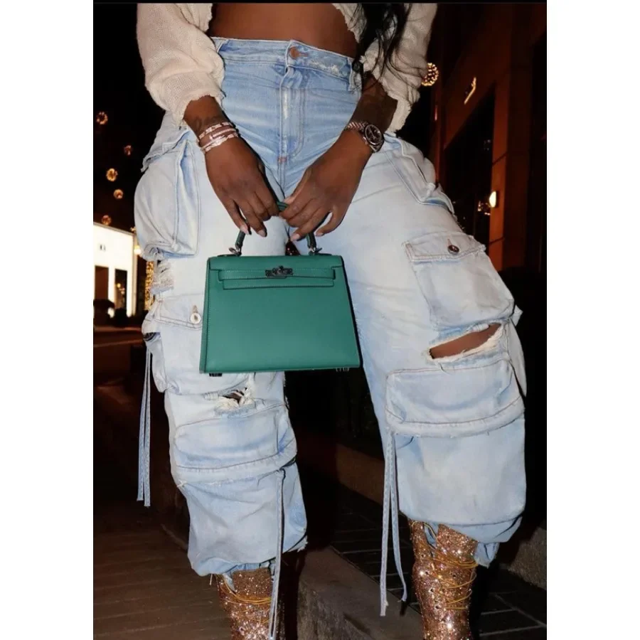 

Vintage Cargo Denim Pants Women Distressed Jeans Spliced Ankle Length Jean Loose Fit Solid Pockets High Street Washed