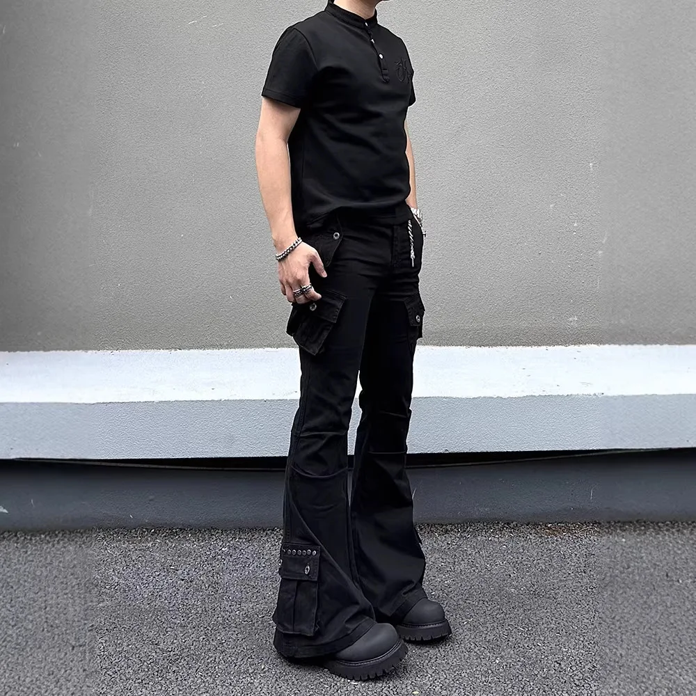 Black Cargo Pants Pleats Multiple Pockets Rivets Straight-leg Slightly Flared Jeans Man Woman Cool Fashiuonable Personality