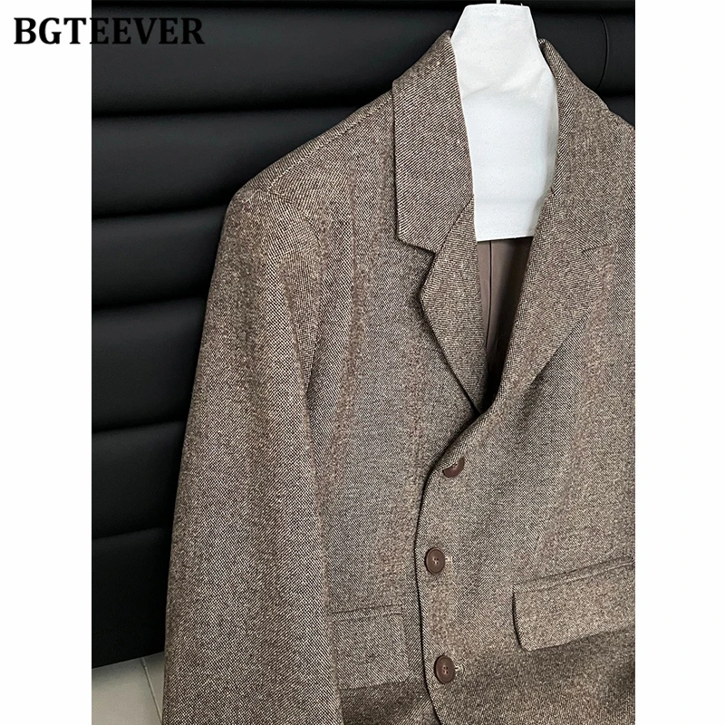 BGTEEVER 세련된 따뜻한 숙녀 싱글 브레스트 모직 블레이저 재킷 가을 겨울 우아한 느슨한 긴 소매 여성 정장 코트