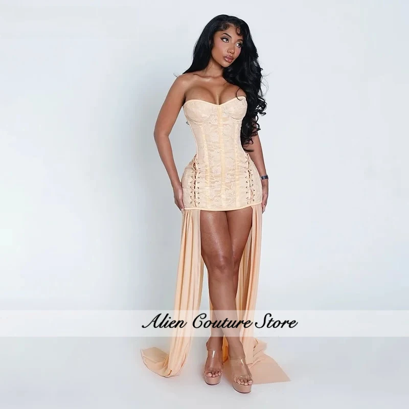 

Champagne Lace Prom Dresses Off Shoulder Appliques Ribbons Mini Dress Corset Women Cocktail Party Gowns Customized