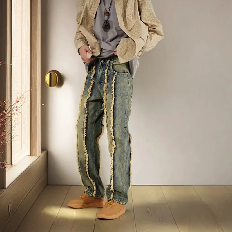 Calças Jeans Retrô Americanas com Detalhes Desfiados, Corte Solto e Perna Larga, Jeans Longos Modernos para Homens e Mulheres...