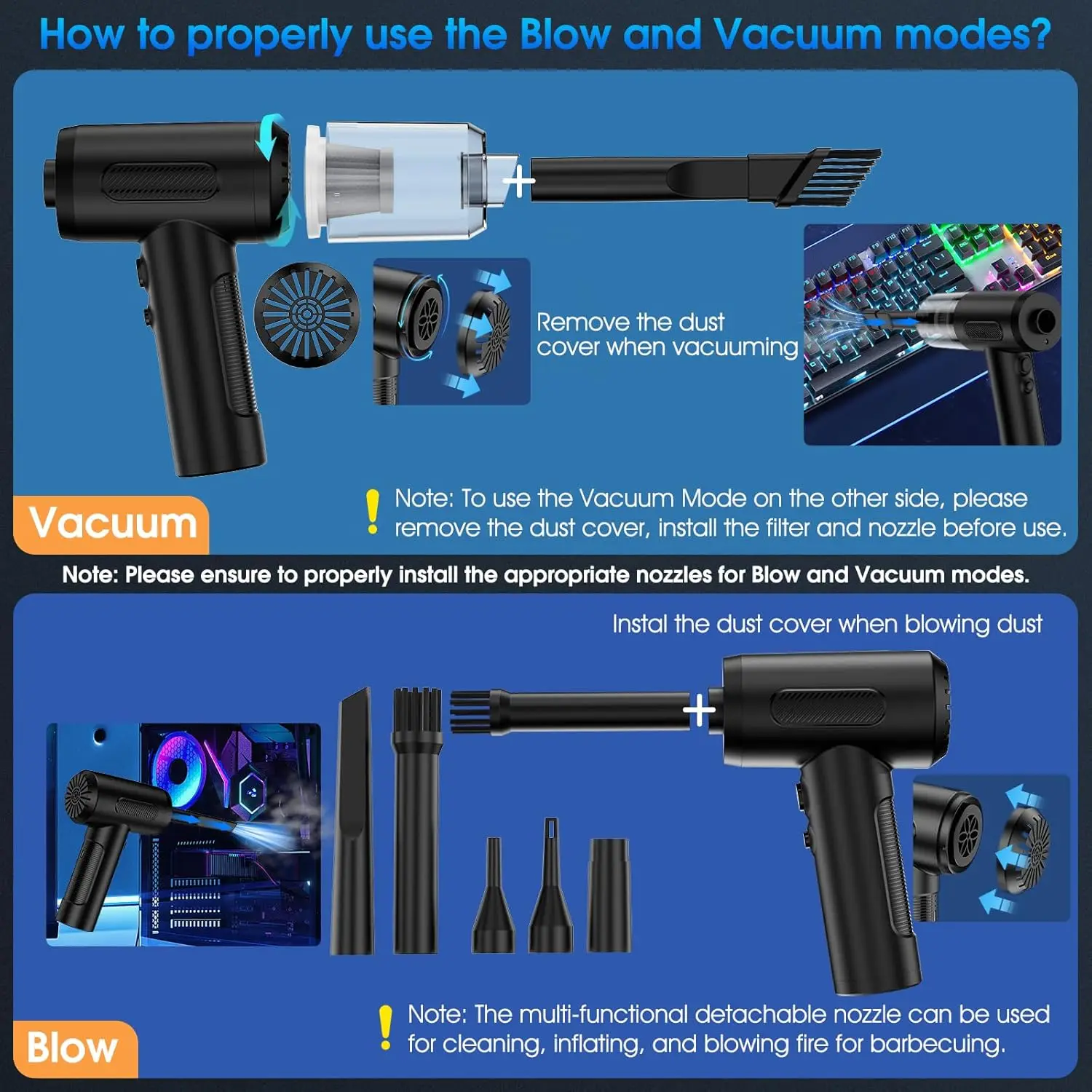 منفاخ هواء مضغوط 100000 دورة في الدقيقة منفاخ هواء كهربائي محمول ومكنسة كهربائية للسيارة، منظف لوحة مفاتيح قابل للتعديل بثلاثة تروس مع ضوء LED