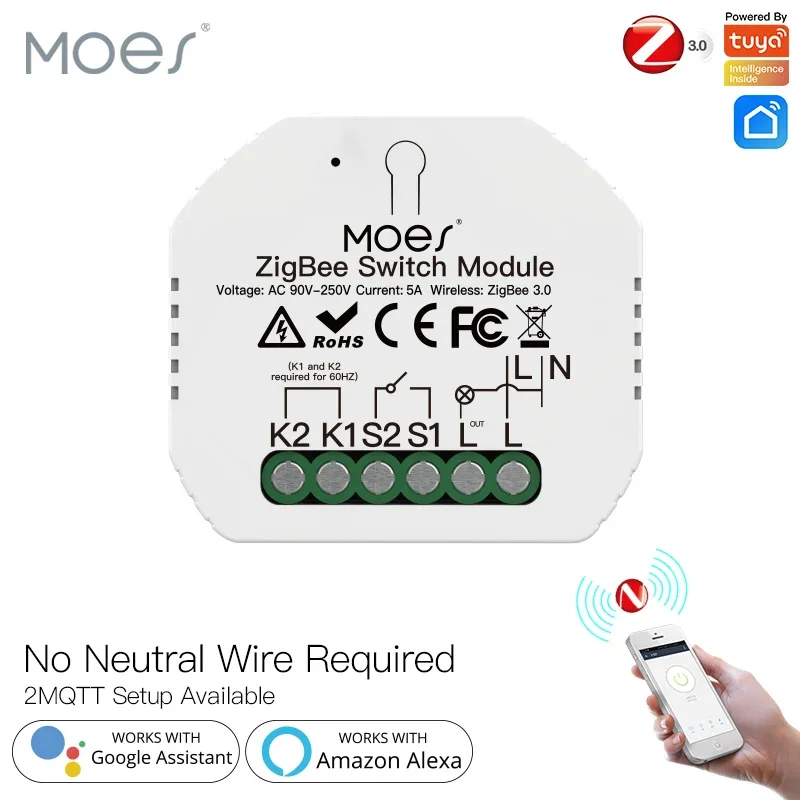 MOES 2MQTT Tuya ZigBee Smart Light Switch Module No Neutral Wire Single Fire Smart Life App Control Works with Alexa Google Home