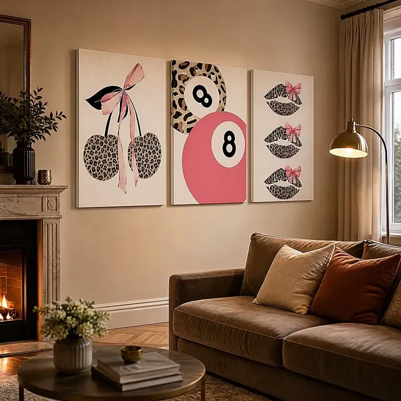 Vintage leopard print cherry lip print 8 ball three-piece canvas set, suitable for the UK federal household goods retail