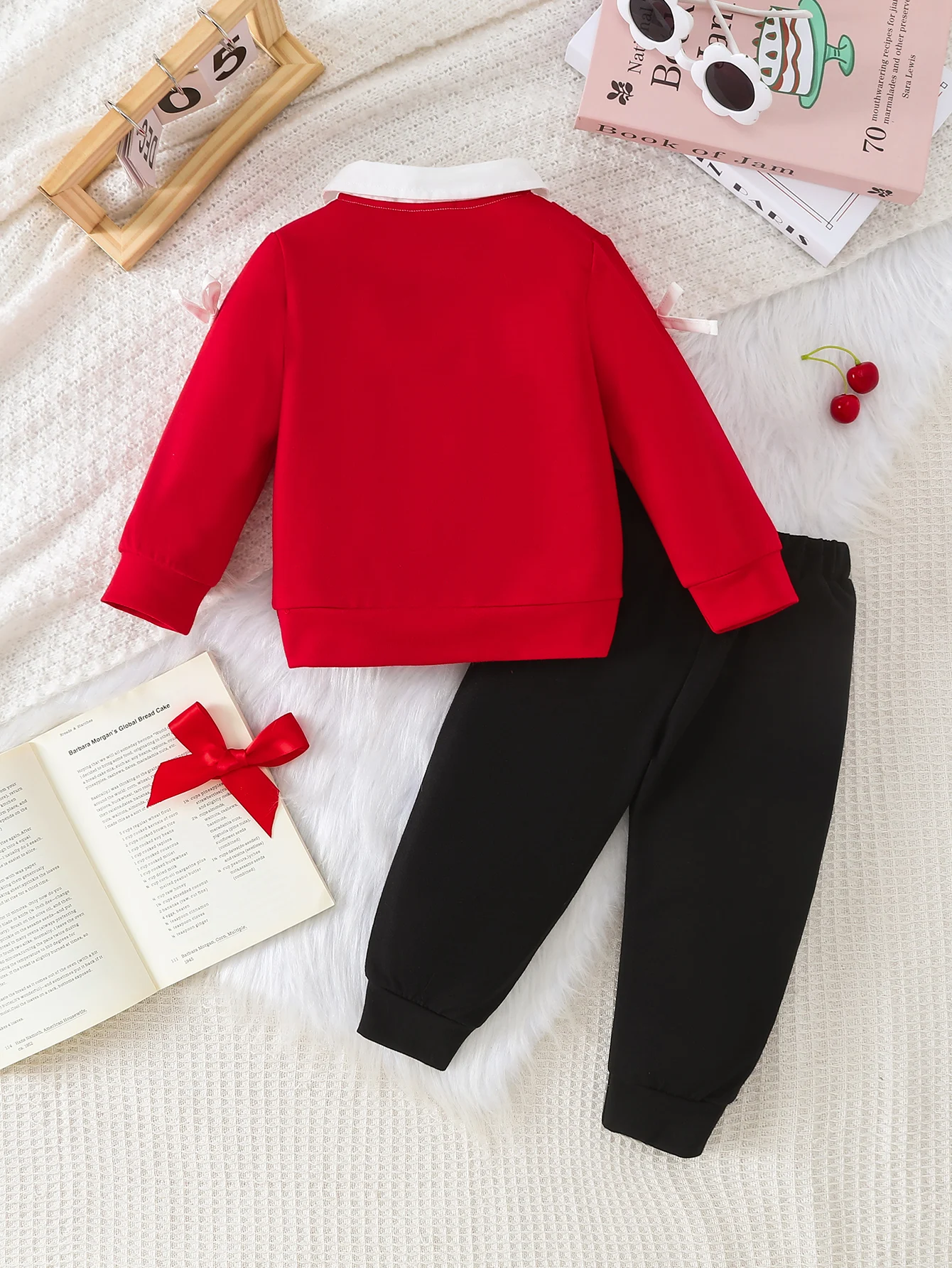 Children's Fake Two-Piece Set Sweet Preppy Style Red And White Checkered Shirt with Collar And Cuff Bow Tie Black Pants