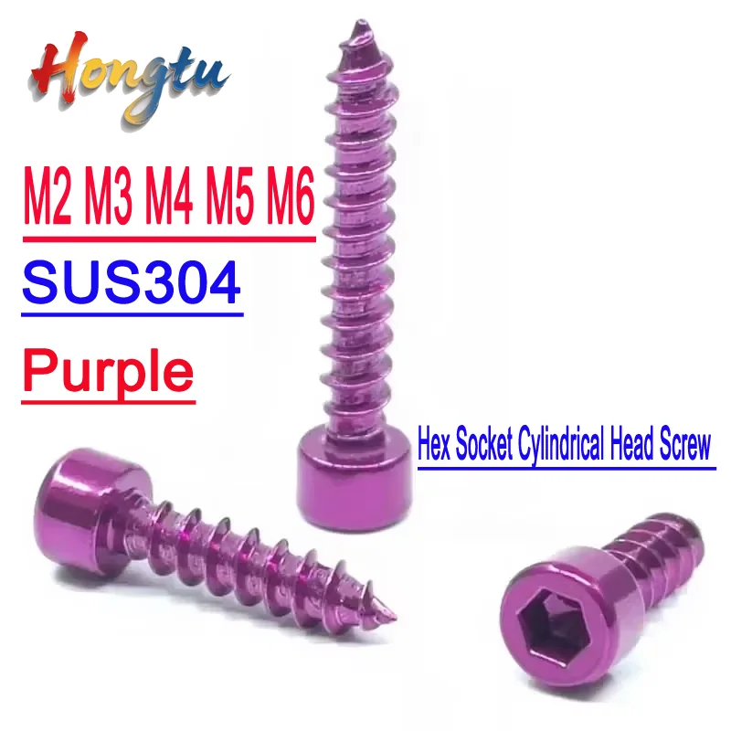 

Purple SUS304 Allen self-tapping Screws Hex Socket Cylindrical Head Screw Pointed Tail Nails 304 Stainles M2 M3 M4 M5 M6
