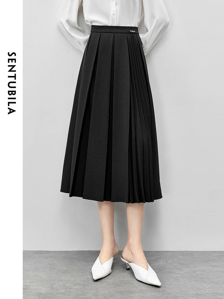 SENTUBILA Pleated-detail Skirt for Women 2024 Autumn High Waist Texture Metal Logo A-line Solid Women Long Skirt 143Q55893