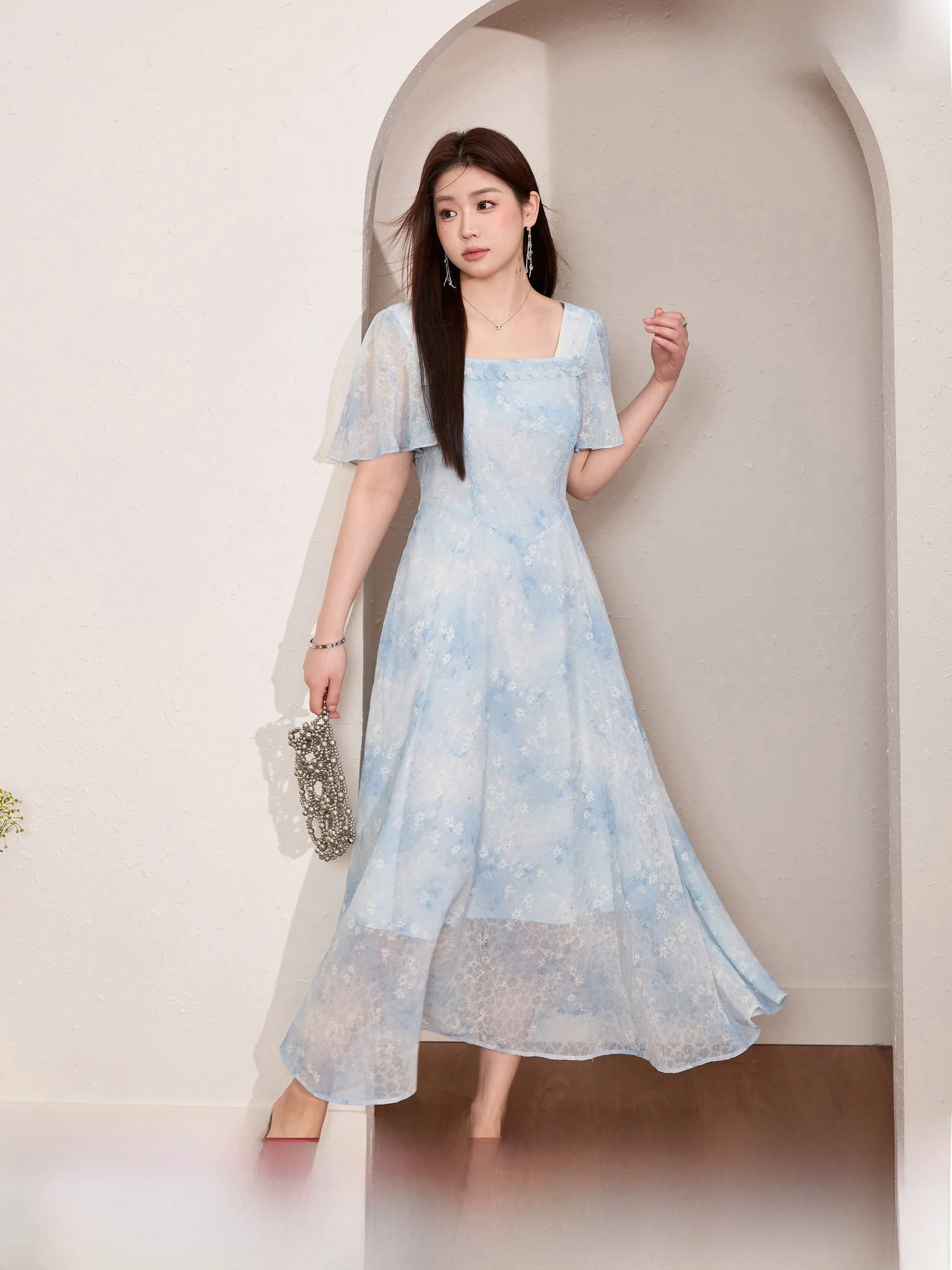 

Синяя юбка А-силуэта с цветочным принтом, квадратным вырезом и завышенной талией, летняя новинка, большие размеры, женская одежда, синяя юбка А-силуэта