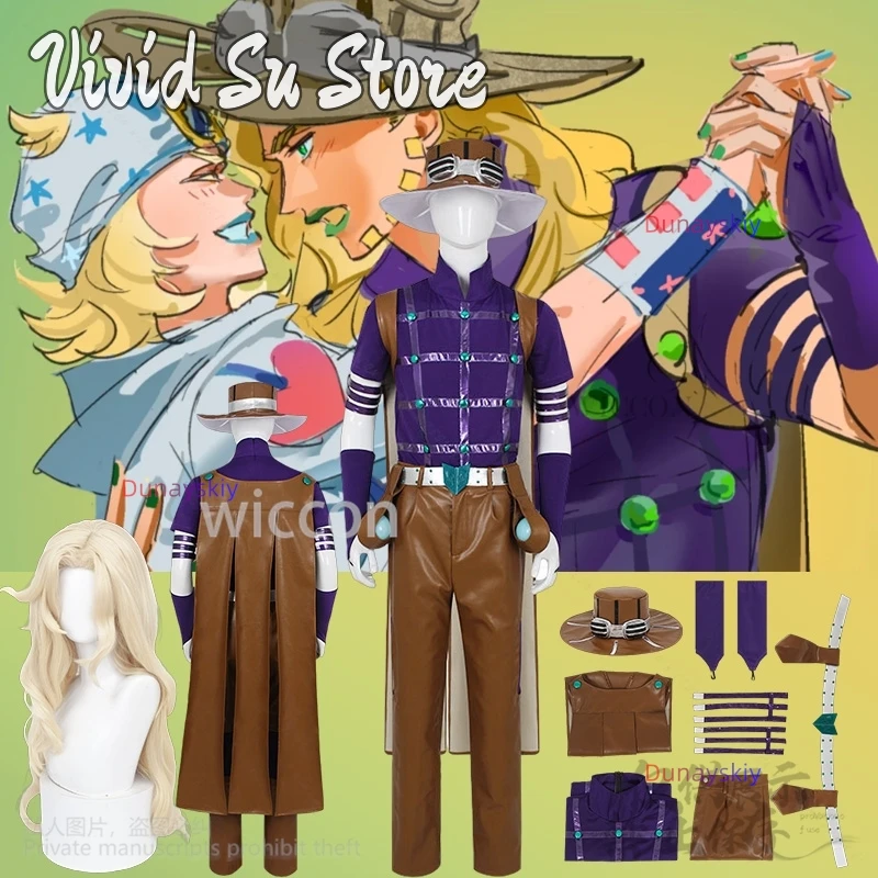 

Gyro Zeppli Косплей Sbr Аниме Jo NEW Bizarre Костюм Сексуальные брюки из искусственной кожи Фиолетовые колготки Гоночная одежда Костюмы Накидка Шляпа Парики Реквизит по индивидуальному заказу