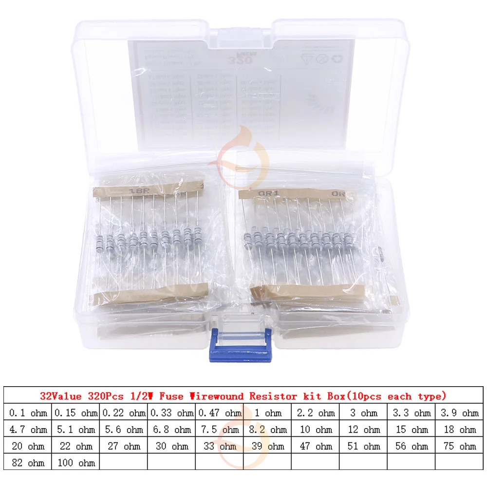 퓨즈 권선 저항기 믹스 키트 박스, 1W, 1W, 5 컬러 링, 0.1ohm, 0.12R, 0.15R, 0.2R, 0.33R, 0.39R, 0.47R, 10ohm, 22R, 33R, 47R, 51R, 82R, 100R