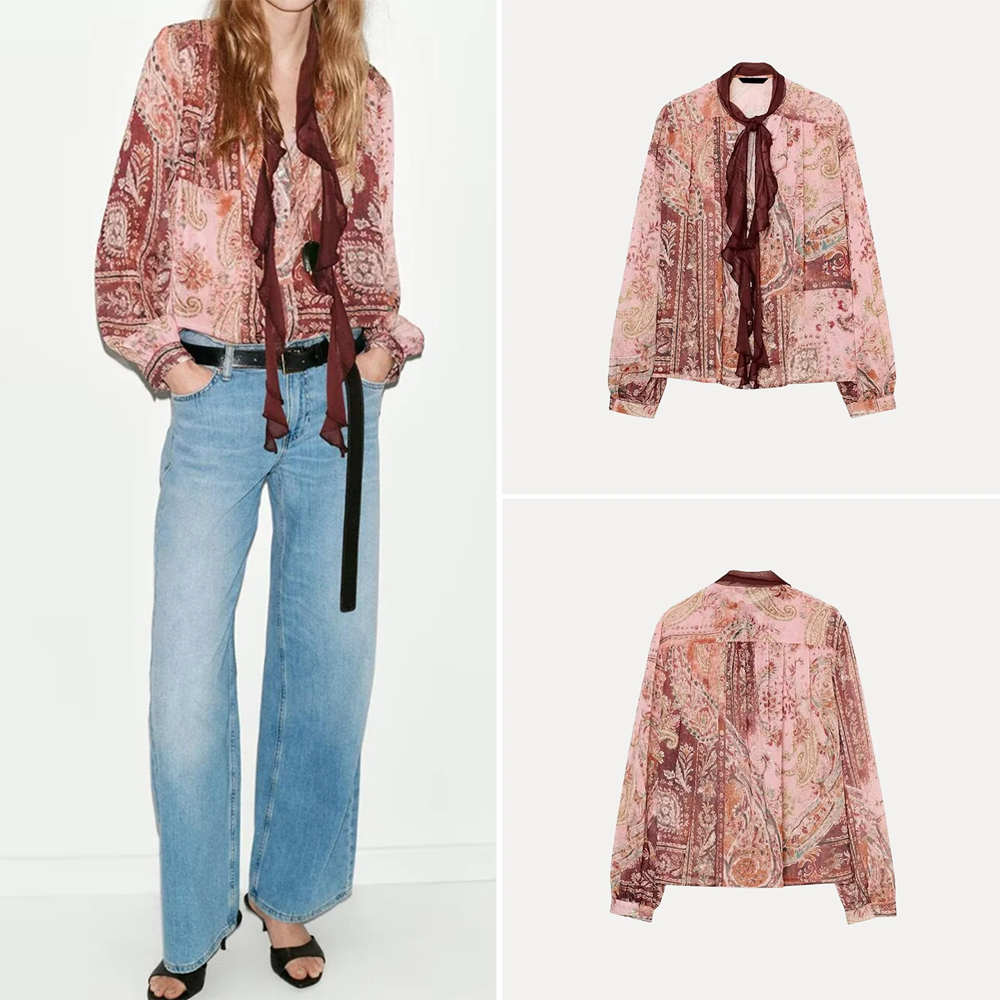 

Ele Knot Printed irt Women's Faion Personali Spring 2026 Loose Fit Long Sve Casual Wear Z Brand