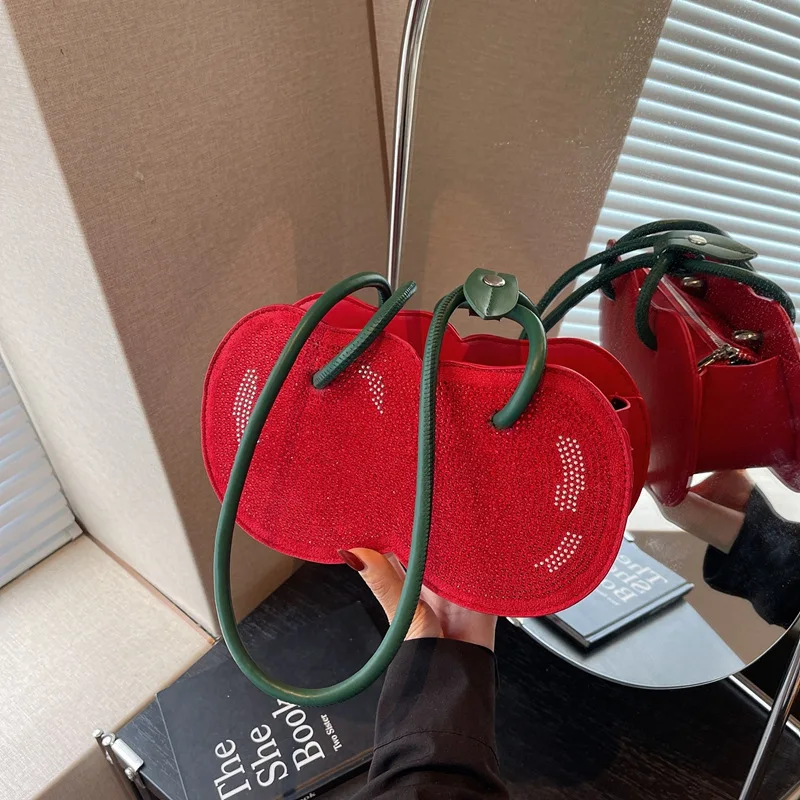 

Sweet Cherry Shape Underarm Bag Large Capacity Anti-splash Water Red Fruit Handbag Polyester Creative PU Rhinestone Bag Work