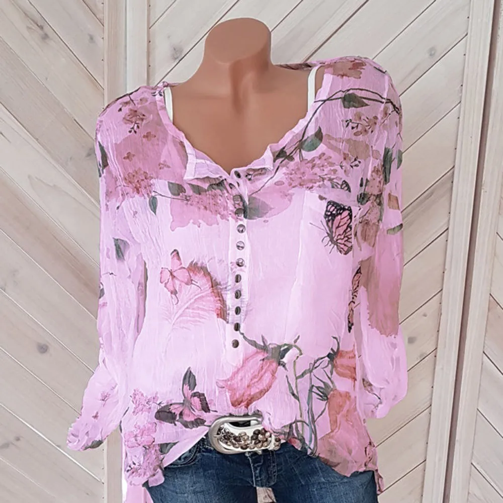 

Women Blouses Top Long Sleeve Spring And Summer Blouse O-Neck Button Floral Print Loose Pullover Chiffon Notch V Neck Blusas