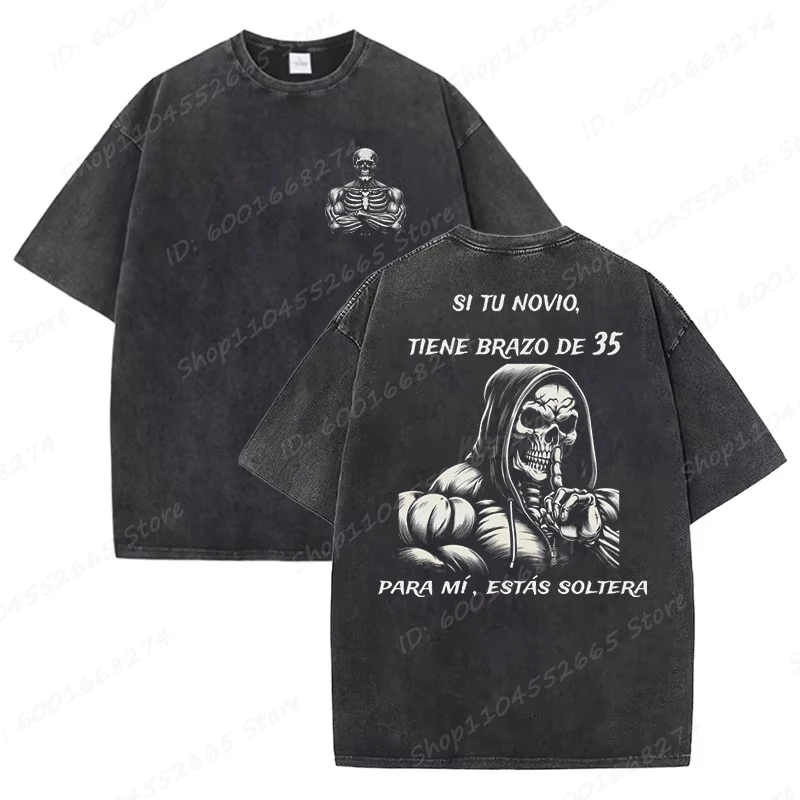 Men's Oversized T Shirt Calacas Chidas Gym Print Washed T-Shirts Trendy Summer Streetwear Tees Aesthetic Casual Skeleton Tops
