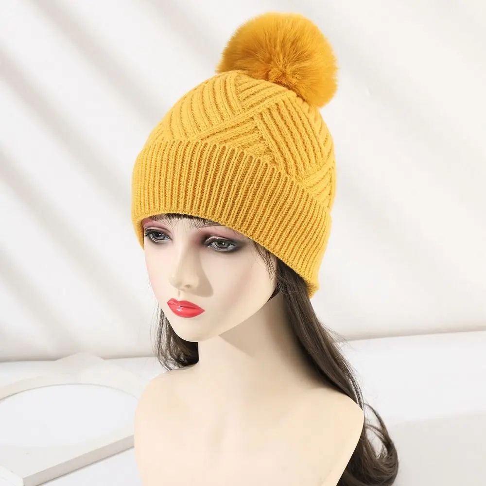 Fashion Elastic Beanie Hats Thickened Windproof Pompon Cap Winter Warm Knitted Woolen Hat for Woman