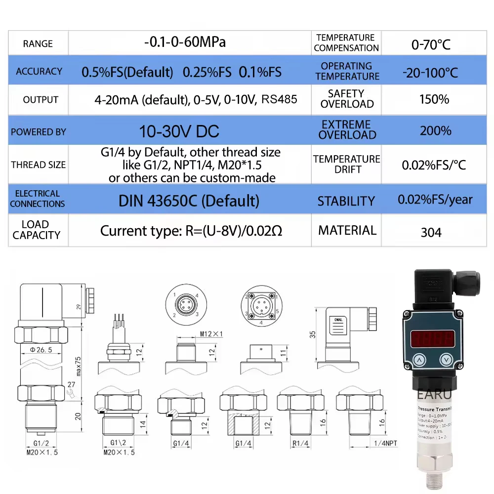 Vacuum Pressure Transmitter Transducer Sensor Controller with Display 0.5% FS High Precision 4-20mA RS485 Output -1-400Bar G1/4