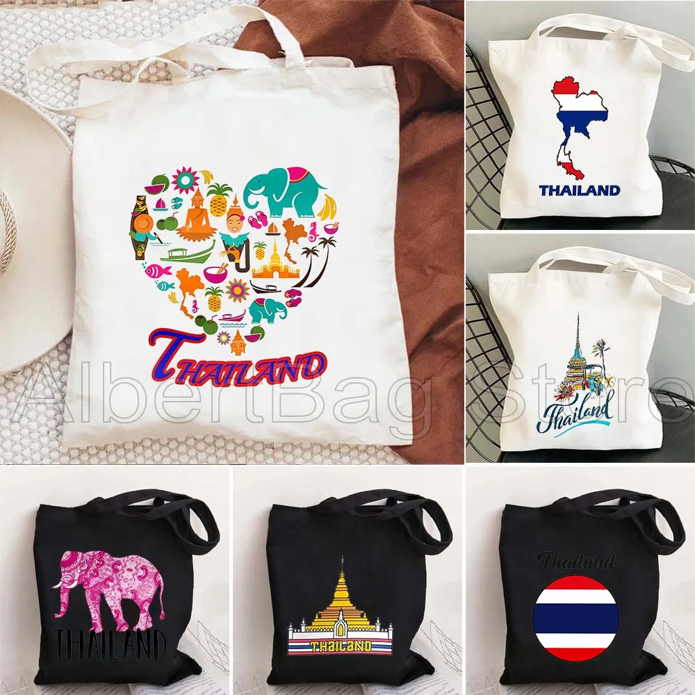 

Phuket Bangkok Buddha Thailand Flag Map Elephant Gifts Women Canvas Shoulder Tote Bags Harajuku Shopper Reusable Cotton Handbag