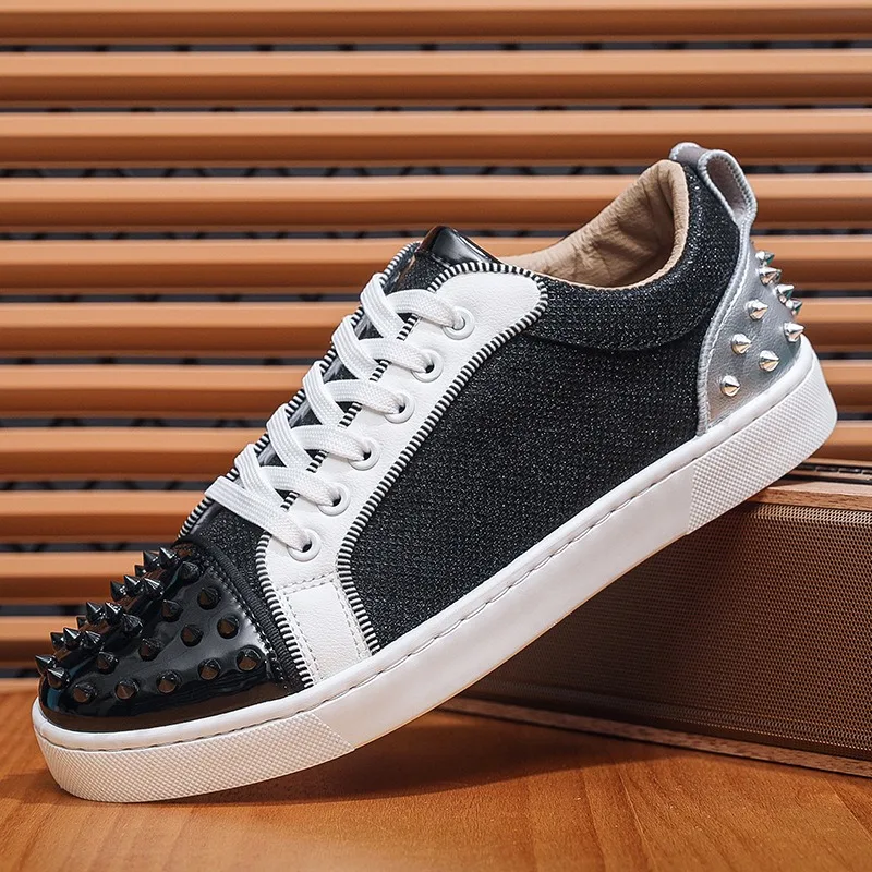 

Men's Shoes 2025 New Spring Fashion Flats Luxury Designer Rivet Hot Fix Shoes Breathable Lace Up Skateboarding Tenis Masculino