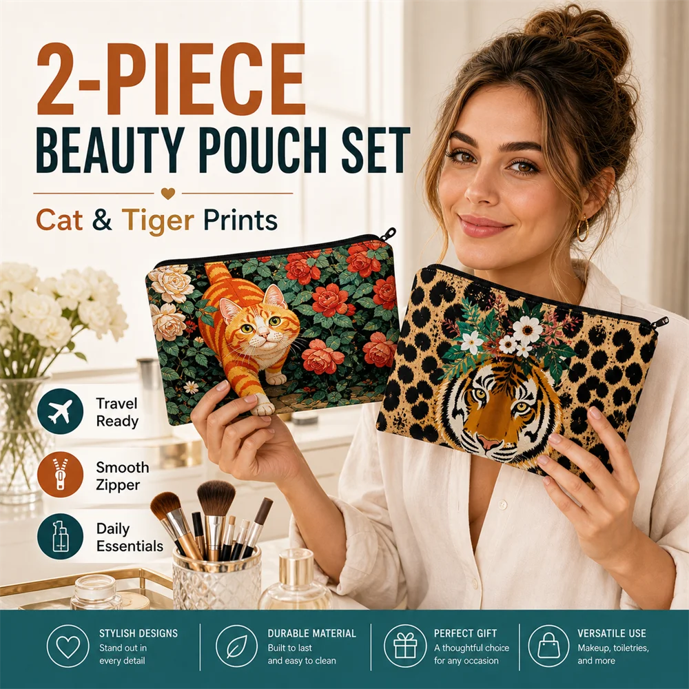 2-Piece Set Orange Cat And Tiger Patterned Makeup Bags with Zipper for Storage And Organization