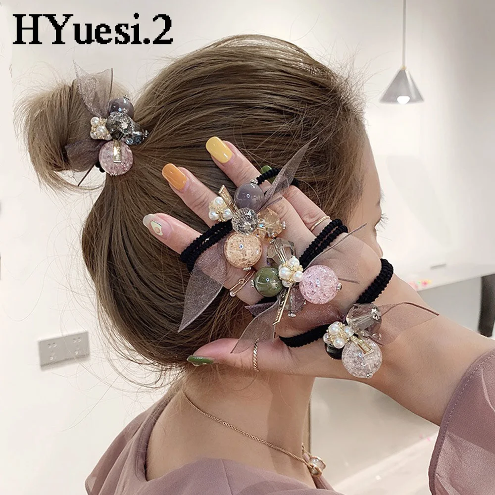 Fashion Rhinestone Beaded Hair Tie Bracelets Elasitc Crystal Pearl Hair Scrunchies Women Girls Ponytail Holder Elegant Headwear