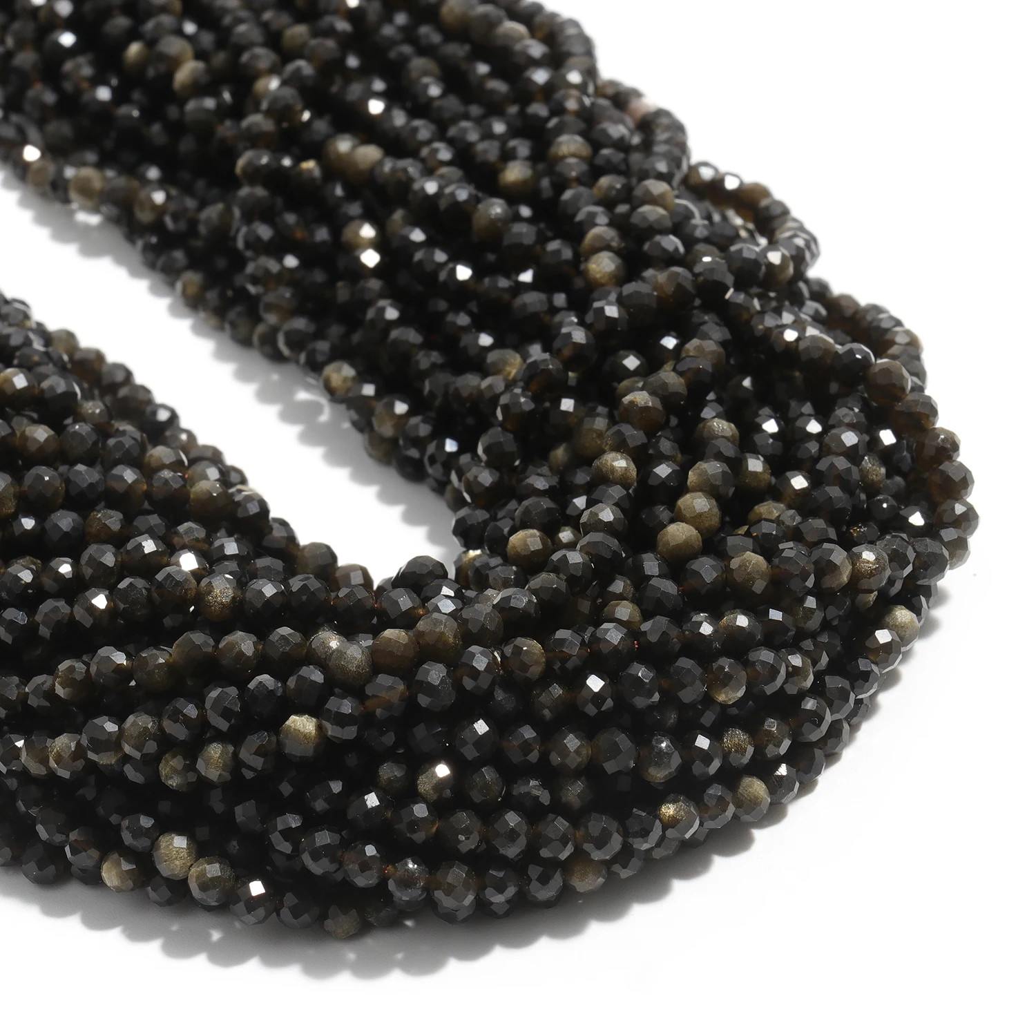 Großhandel Facettierte 2 3 4mm Naturstein Goldfarbene Obsidian-Perlen Runde Kleine Lose Perlen für Schmuckherstellung DIY Armbänder – Detail 1