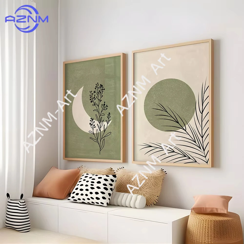 1PC/2PCS Bohemian Plant Moon Sun Canvas Poster Green Beige Background Landscape Wall Art for Modern Living Room Decor