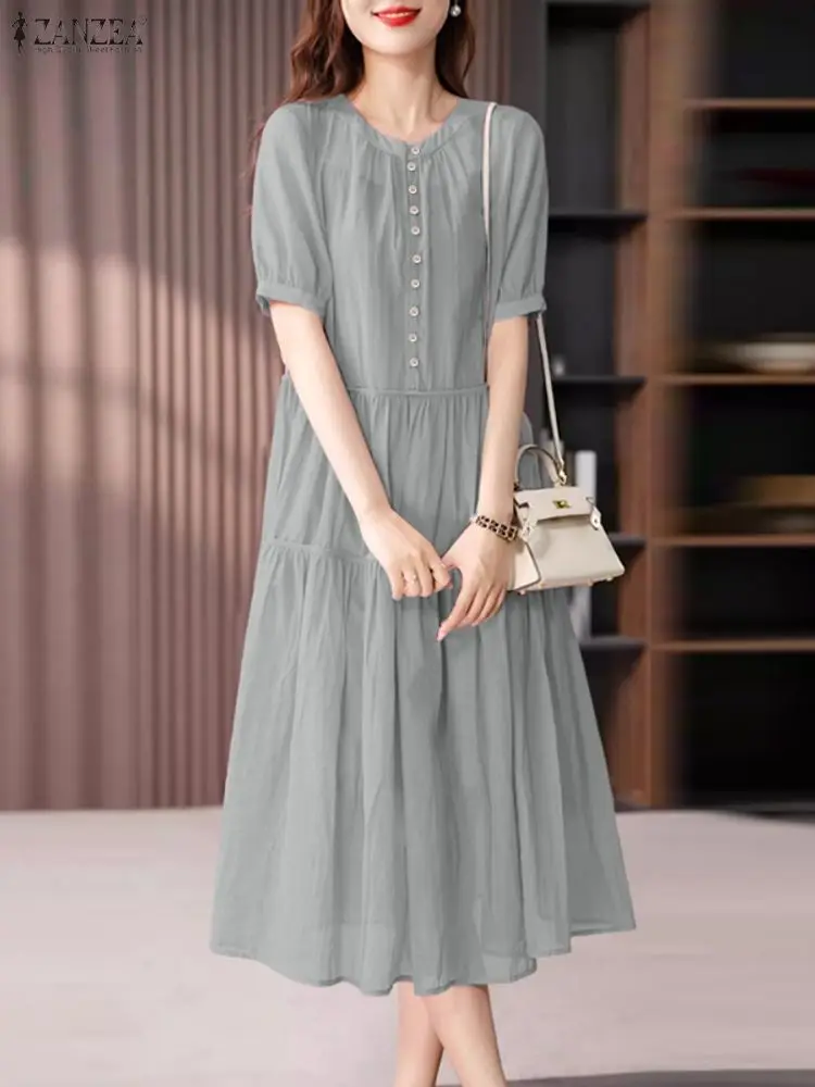 Zanzea 2026 verão vestido de verão elegante feminino manga curta ol vestidos de trabalho sólido vestido plissado casual o pescoço botão para baixo midi robe