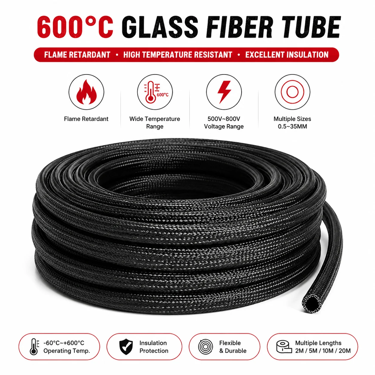 20/10/5/2M Black 600 Degree Glass Fiber Tube ID0.5mm‑35mm Heat‑Treated Wiring, High Temperature Resistant And Odorless Sheath.