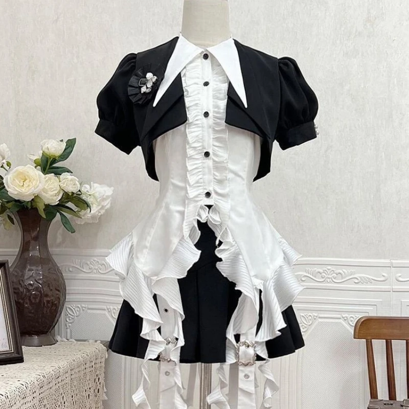 Japanese Gothic Lolita Jirai Kei 3 Piece Set Women Sweet Cross Ruffle Irregular Hem Crop Top High Waist Mini Skirt Y2k Slim Suit