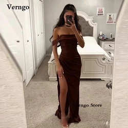 Verngo Simple Brown Satin A line Long Evening Dresses Off the Shoulder Side Slit Women Formal Party Prom Dress Robe de soiree