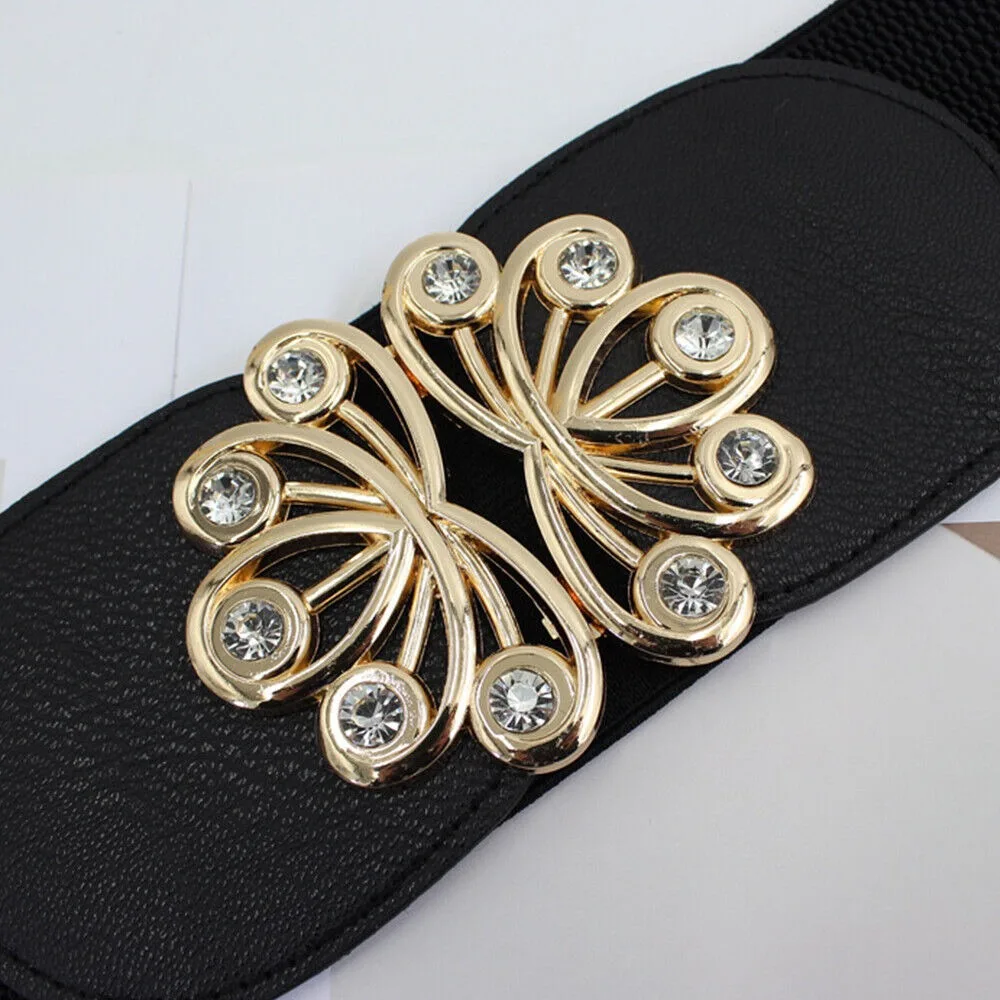 เข็มขัดแฟชั่นไซส์ใหญ่ หัวเข็มขัดโลหะ สีดำ ยางยืด กว้าง ประดับเพชร สำหรับผู้หญิง