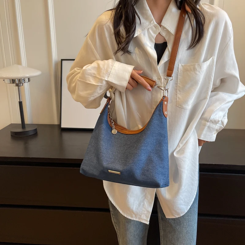 Denim Fabric Shoulder Bags For Women Luxury Designer Purses And Handbags Blue Underarm Hobos Casual Street Crossbody Totes 2023