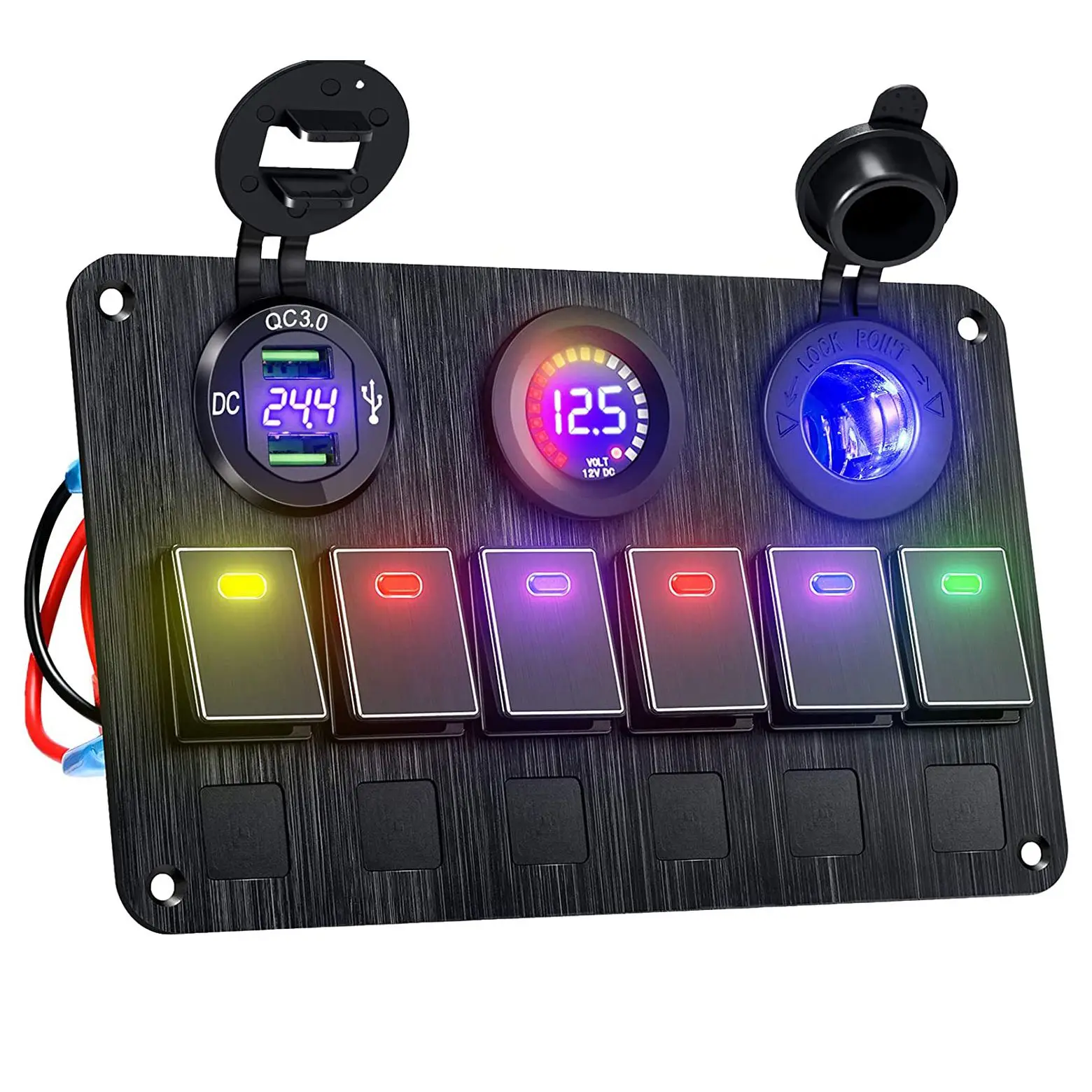 

Waterproof Marine Boat Rocker Switch Panel 6 Gang with QC 3.0 USB Charger +DC 12/24 Volt Socket +LED Voltmeter