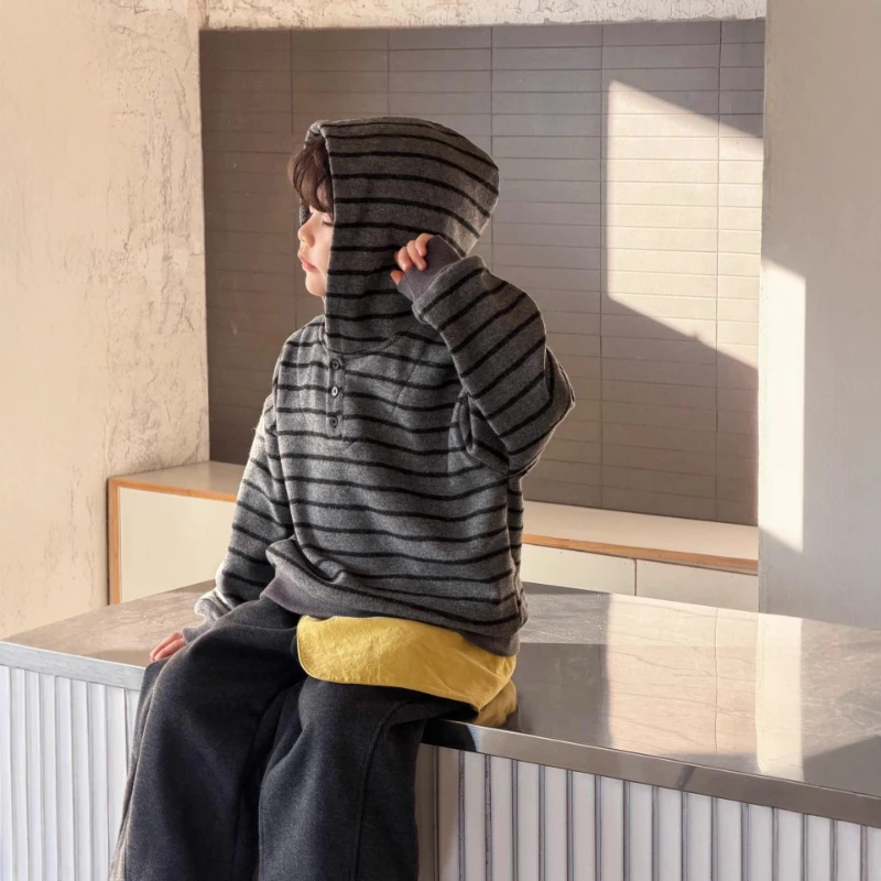 2025 New Hot Selling Western Style Winter Warm Striped Soft Sticky Hoodie for Children