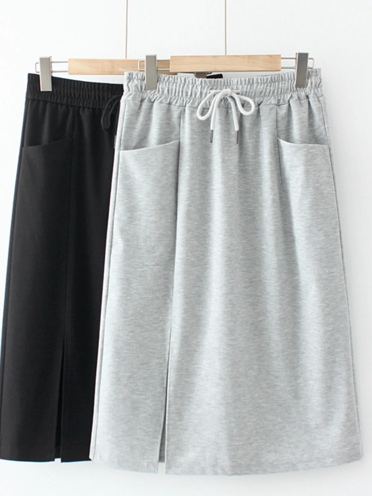 Summer 2023 Korean Sle plus Size Women's A-Line Skirt with Belt Double kets Slit High Waist Midi Cotton Polyester Blend