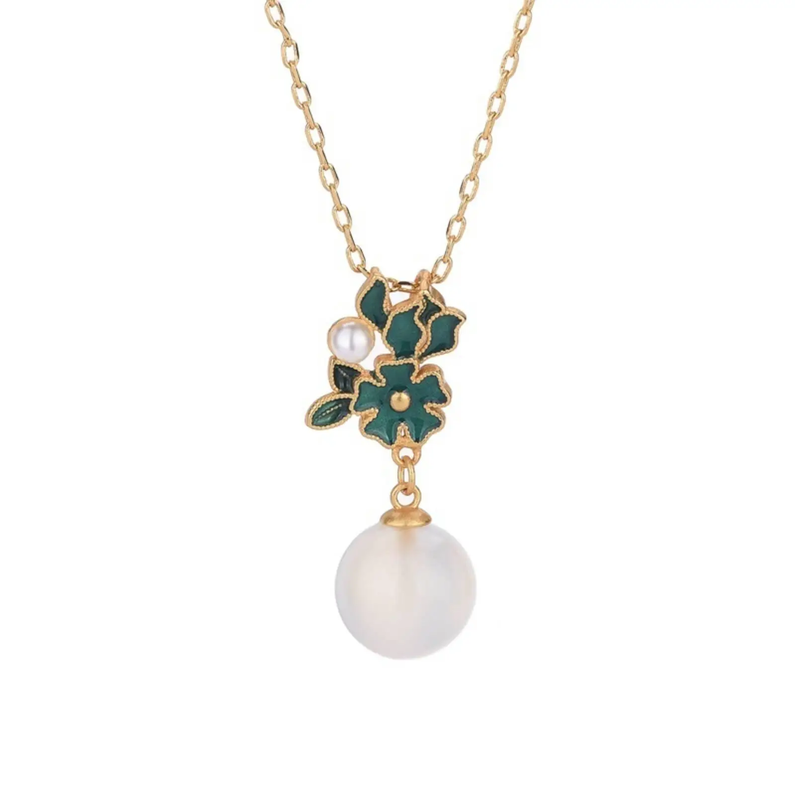 Green Floral Enamel Pendant Necklace for Women White Chalcedony Alloy Vintage Chinese Chic Design Faux Pearl Accent Adjustable