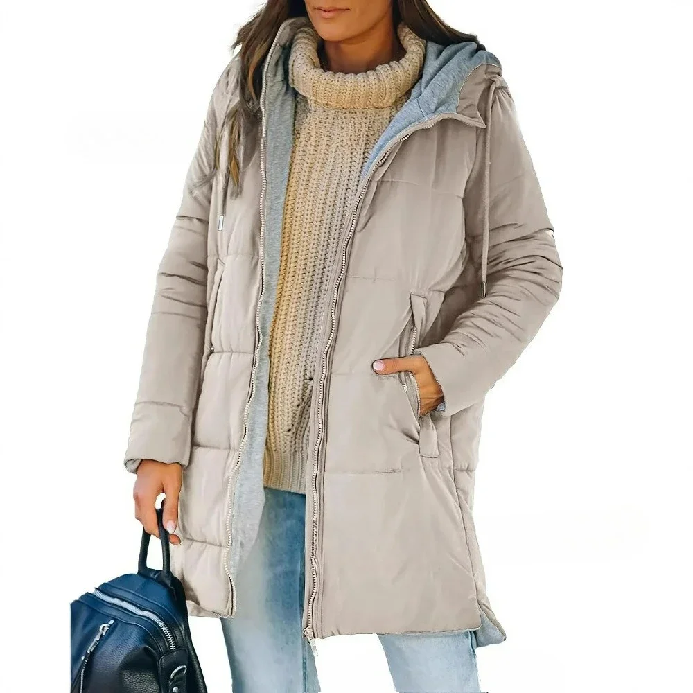 Damska kurtka zimowa z kapturem, bawełniana, dopasowany krój, długi rękaw, jednolity kolor, kieszenie, odzież wierzchnia, 2025