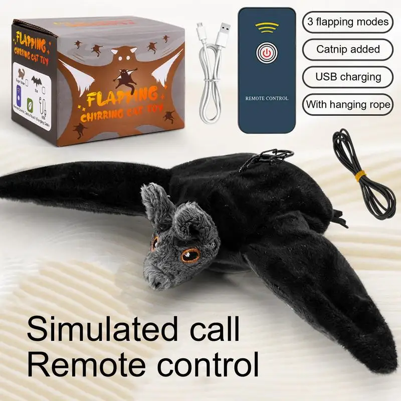 Interactive Cats Toys USB Rechargeable Chirping Flapping Bat For Indoor Kittens Touch Activated Plush Toys Pets Supplies