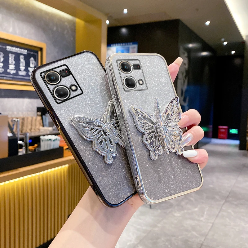 reno7pro Butterfly Luxury Bling Gilitter Phone Holder Case For Oppo Reno 7 9 8 10 6 Pro Plus 8T 5k 6Z 4 3 2 7SE 2z 4G 5G Cover